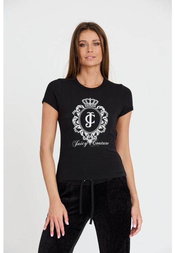 Juicy Couture - JUICY COUTURE Czarny damski t-shirt Heritage Crest Fitted, Rozmiar S. Kolor: czarny