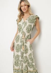 Born2be - Zielona Koszulowa Sukienka z Wiskozą i Geometrycznym Wzorem Siledia. Okazja: na co dzień. Typ kołnierza: kołnierz z falbankami. Kolor: zielony. Materiał: wiskoza. Wzór: geometria. Typ sukienki: koszulowe. Styl: casual, elegancki #3