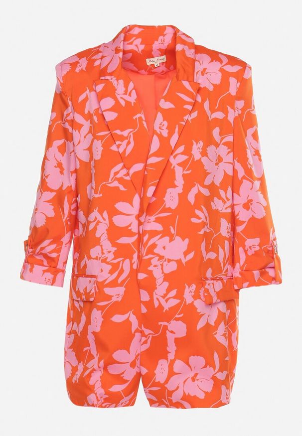Born2be - Pomarańczowa Marynarka z Motywem Kwiatów z Podwijanym Rękawem z Wszytymi Poduszkami Creidena. Okazja: na co dzień, na spotkanie biznesowe. Kolor: pomarańczowy. Materiał: tkanina, jeans. Wzór: kwiaty. Styl: casual, biznesowy, elegancki