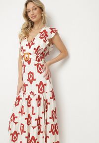 Born2be - Biało-Czerwona Sukienka z Wiskozy Ozdobiona Paskiem z Klamrą i Geometrycznym Wzorem Orivana. Okazja: na imprezę, na co dzień. Typ kołnierza: dekolt w kształcie V. Kolor: czerwony. Materiał: wiskoza. Wzór: aplikacja, geometria. Typ sukienki: proste. Styl: casual, elegancki #7