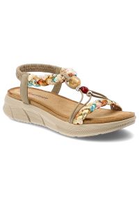 Sandały damskie Artiker, cholewka z materiału eleganckie dodatki na płaskiej podeszwie, beżowe, 58C0001. Okazja: na co dzień. Zapięcie: pasek. Kolor: beżowy. Materiał: materiał. Wzór: paski. Sezon: lato. Obcas: na płaskiej podeszwie. Styl: elegancki #1