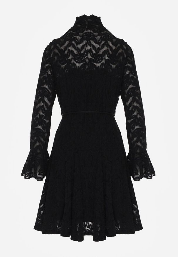 Born2be - Czarna Koronkowa Sukienka z Wiązaniem Półgolfem i Falbankami Alnefera. Okazja: na co dzień. Typ kołnierza: kołnierz z falbankami. Kolor: czarny. Materiał: koronka. Długość rękawa: na ramiączkach. Styl: casual, klasyczny