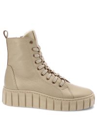 CheBello - Beżowe Botki Chebello Ocieplane Skórzane Buty Damskie. Okazja: na spacer, na co dzień. Kolor: beżowy. Materiał: skóra. Styl: casual, sportowy #4