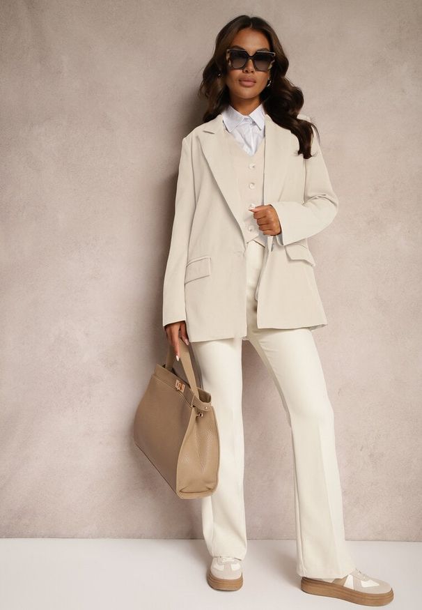 Renee - Beżowe Spodnie Dzwony High Waist z Imitacją Kieszeni Semirlla. Stan: podwyższony. Kolor: beżowy. Styl: klasyczny