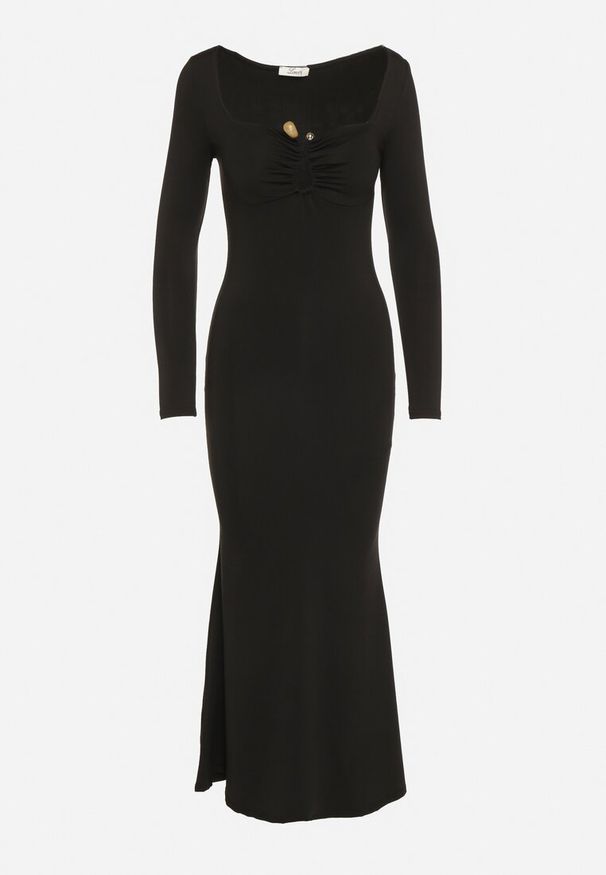 Born2be - Czarna Koktajlowa Sukienka z Wiskozą i Metaliczną Ozdobą Refare. Okazja: na imprezę. Kolor: czarny. Materiał: wiskoza. Wzór: aplikacja. Styl: wizytowy