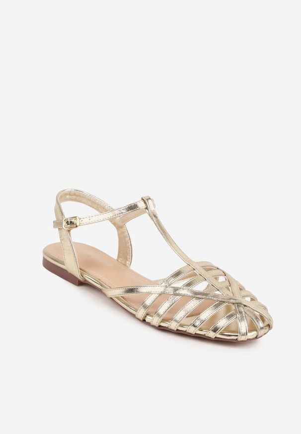 Renee - Złote Sandały VICES Ozdobione Cienkimi Paskami Calodora. Okazja: na co dzień. Zapięcie: pasek. Kolor: złoty. Materiał: jeans. Wzór: aplikacja. Styl: casual
