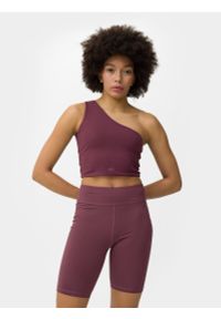 4f - Crop top slim na jedno ramię damski. Kolor: fioletowy. Materiał: materiał, dzianina, elastan. Długość rękawa: na ramiączkach