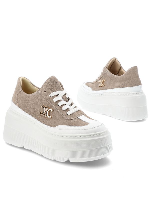 Beżowe Sneakersy Armodo Modne Obuwie Damskie Na Platformie. Okazja: na co dzień. Kolor: beżowy. Materiał: zamsz, materiał, welur. Szerokość cholewki: normalna. Obcas: na platformie. Styl: elegancki, casual