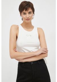 Calvin Klein Jeans top damski kolor biały. Kolor: biały. Długość rękawa: na ramiączkach. Wzór: nadruk #3