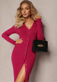 Renee - Fuksjowa Sweterkowa Sukienka Midi Ehedga. Kolor: różowy. Materiał: tkanina, dzianina. Długość: midi