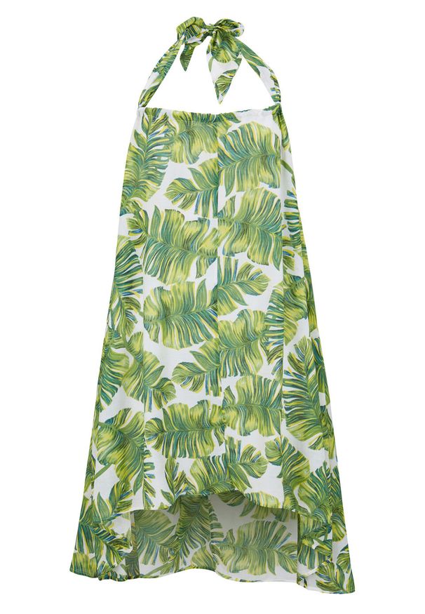 Sukienka plażowa z dekoltem halter bonprix biało-zielono-żółty w roślinny wzór. Okazja: na plażę. Typ kołnierza: dekolt halter. Kolor: biały. Wzór: aplikacja, nadruk