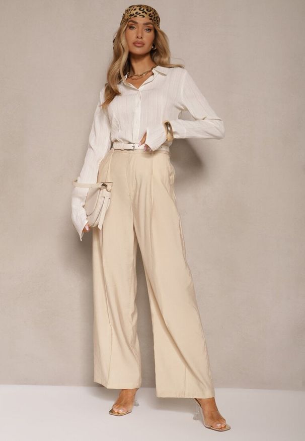 Renee - Jasnobeżowe Garniturowe Spodnie High Waist o Szerokim Kroju Efrase. Okazja: na co dzień. Stan: podwyższony. Kolor: beżowy. Styl: casual