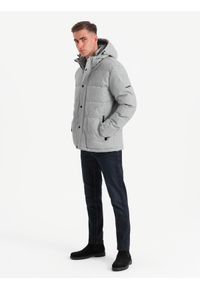 Ombre Clothing - Męska casualowa kurtka puffer z wełną – jasnoszary melanż V3 OM-JAHP-0203 - XXL. Okazja: na co dzień. Typ kołnierza: kołnierzyk stójkowy. Kolor: szary. Materiał: wełna. Długość: długie. Wzór: melanż. Styl: casual