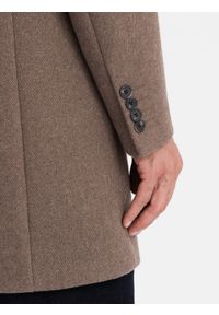Ombre Clothing - Elegancki jednorzędowy męski płaszcz z wełną – brązowy V1 - Rozmiar: M. Kolor: brązowy. Materiał: wełna. Wzór: ze splotem, paski. Sezon: zima. Styl: elegancki #5