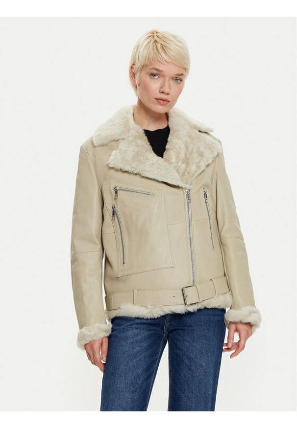 BOSS - Boss Kurtka skórzana 50524016 Écru Regular Fit. Kolor: kremowy. Materiał: skóra
