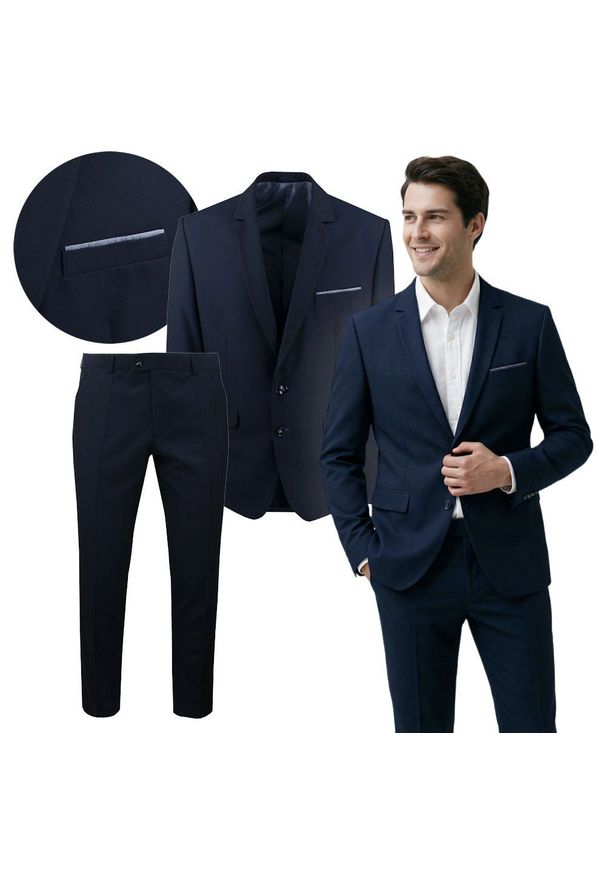 Granatowy Garnitur na Studniówkę lub Wesele - Taliowany - Casino. Kolor: niebieski. Materiał: poliester, wiskoza