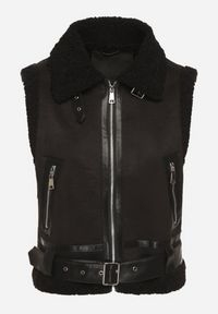 Born2be - Czarna Rockowa Kamizelka z Futerkiem Typu Baranek i Klamerką Tiodora. Okazja: na co dzień. Kolor: czarny. Materiał: futro. Wzór: aplikacja. Styl: rockowy #6