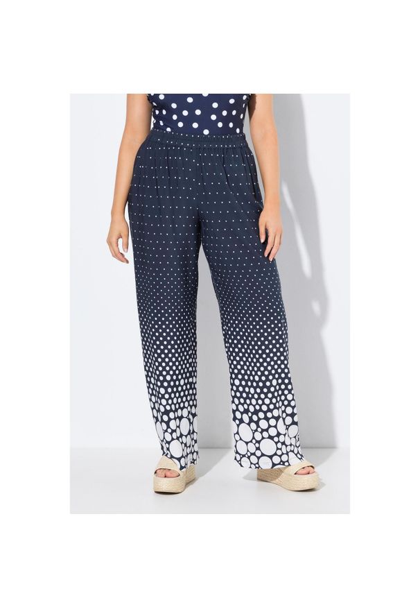 ULLA POPKEN - Damskie Spodnie palazzo kropki szeroka prosta nogawka elastyczny pas. Kolekcja: plus size. Kolor: niebieski. Materiał: wiskoza, materiał. Długość: długie. Wzór: kropki