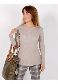 Unisono - GŁADKI BEŻOWY SWETER 8933 BEIGE. Kolor: beżowy. Materiał: nylon, poliester, wiskoza. Wzór: gładki