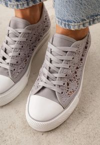 Born2be - Szare Ażurowe Trampki Przed Kostkę Russi. Wysokość cholewki: przed kostkę. Kolor: szary. Materiał: jeans. Wzór: ażurowy #6