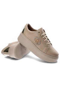 Beżowe Sneakersy Lamanti Damskie Stylowe Obuwie. Okazja: na co dzień. Nosek buta: okrągły. Kolor: beżowy. Materiał: jeans, skóra #4