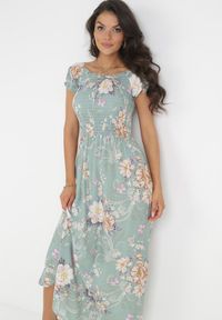 Born2be - Jasnozielona Sukienka Maxi w Kwiaty z Ozdobnym Wiązaniem przy Dekolcie i Krótkimi Rękawami Paninthe. Kolor: zielony. Materiał: tkanina. Długość rękawa: krótki rękaw. Wzór: kwiaty. Długość: maxi #3