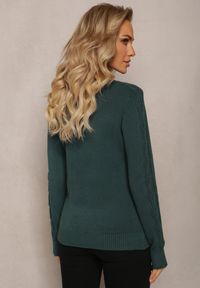 Renee - Zielony Sweter ze Splotem w Warkocze i Dekoltem V Khara. Kolor: zielony. Wzór: ze splotem. Sezon: jesień, zima #4