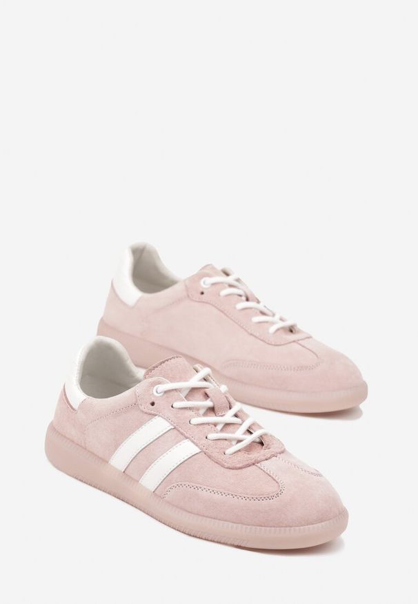 Born2be - Różowe Skórzane Sneakersy na Płaskiej Podeszwie Ozdobione Paskami Nelavirae. Okazja: na co dzień. Zapięcie: pasek. Kolor: różowy. Materiał: skóra. Wzór: aplikacja. Obcas: na płaskiej podeszwie