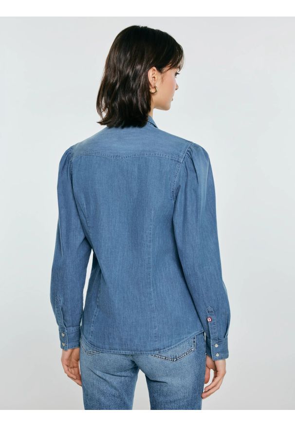 Big-Star - Koszula damska jeansowa z bufkami niebieska Indiana 164. Kolor: niebieski. Materiał: jeans. Styl: retro