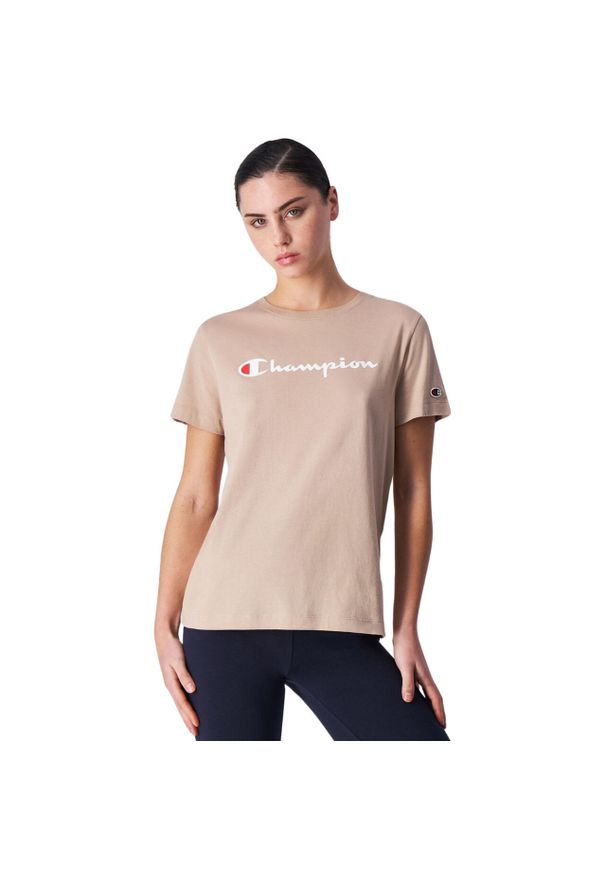 Koszulka damska Champion SS Tee 117534. Kolor: beżowy. Materiał: bawełna, skóra, tkanina