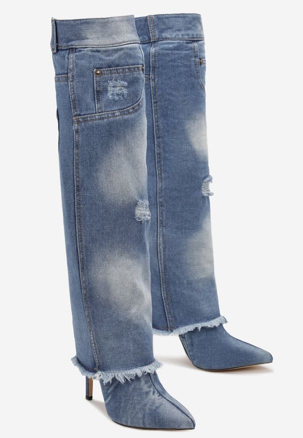 Born2be - Jasnoniebieskie Jeansowe Kozaki na Szpilce z Przetarciami Sabbine. Kolor: niebieski. Materiał: jeans. Obcas: na szpilce