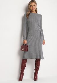 Born2be - Szara Dopasowana Sukienka z Wiskozą z Prążkowanego Materiału Ściągana Troczkiem Eleavia. Okazja: na co dzień. Kolor: szary. Materiał: prążkowany, wiskoza, materiał. Wzór: aplikacja. Styl: casual #1