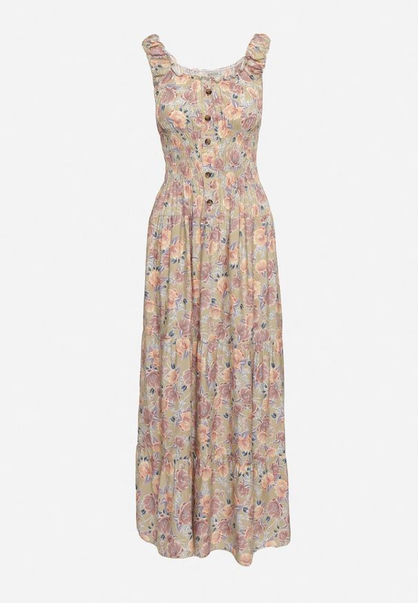 Born2be - Jasnozielona Rozkloszowana Sukienka Bawełniana w Kwiatowy Print z Guzikami Jamallia. Okazja: na co dzień. Kolor: zielony. Materiał: bawełna. Wzór: nadruk, kwiaty. Typ sukienki: proste. Styl: casual, klasyczny