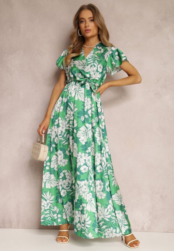 Renee - Zielona Sukienka Lecerf. Kolor: zielony. Materiał: materiał. Wzór: kwiaty. Sezon: lato. Typ sukienki: kopertowe. Styl: elegancki. Długość: maxi