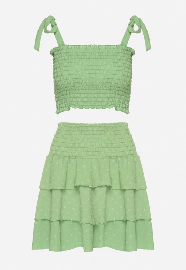 Born2be - Zielony Komplet Elastyczny Top z Wiązanymi Ramiączkami i Rozkloszowana Spódnica Evialia. Kolor: zielony