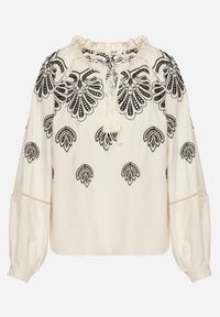 Born2be - Beżowa Bawełniana Bluzka ze Wzorem Boho Nilowena. Okazja: na co dzień. Kolor: beżowy. Materiał: bawełna. Wzór: aplikacja. Styl: boho