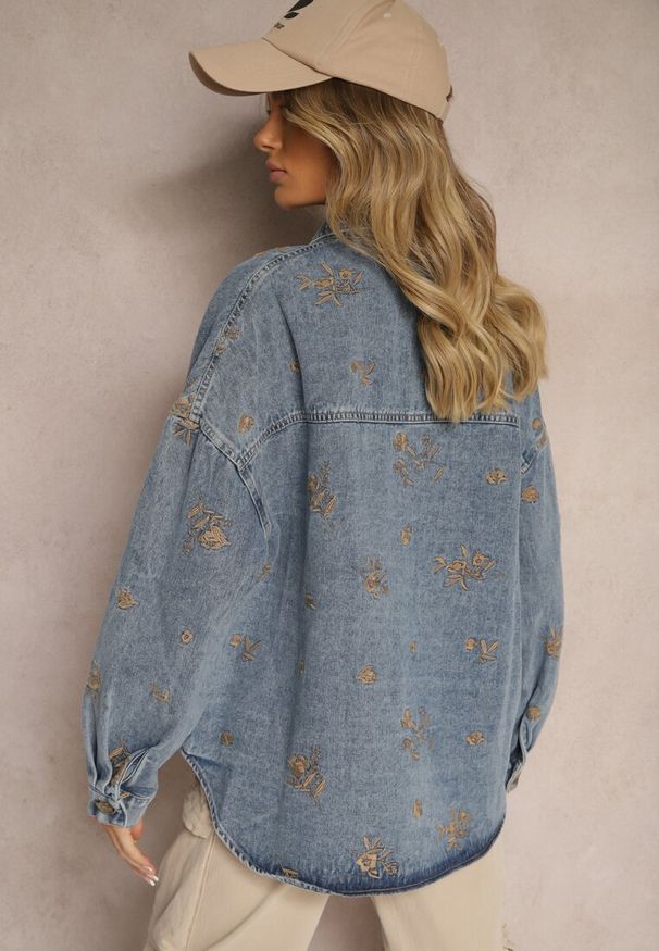 Renee - Niebieska Koszulowa Kurtka Jeansowa z Bawełny w Hafty Merinorie. Okazja: na co dzień. Kolor: niebieski. Materiał: bawełna, jeans. Długość rękawa: długi rękaw. Długość: długie. Wzór: haft. Styl: casual