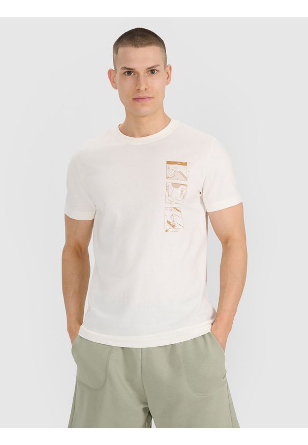 4f - 4F T-shirt regular z nadrukiem męski - biały L. Okazja: na co dzień. Kolor: biały. Materiał: bawełna, materiał, jersey. Długość rękawa: krótki rękaw. Długość: krótkie. Wzór: nadruk. Styl: klasyczny, sportowy, casual