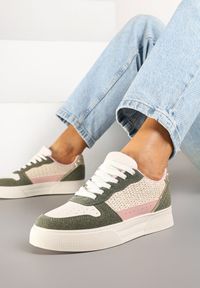 Renee - Beżowo-Zielone Sneakersy na Platformie Ozdobione Plecionką Perforacją i Brokatem Tulreia. Kolor: beżowy. Materiał: jeans. Wzór: aplikacja. Obcas: na platformie