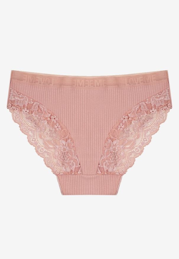 Born2be - Ciemnoróżowe Prążkowane Majtki Figi z Bawełny Zdobione Koronką Erwelia. Kolor: różowy. Materiał: bawełna, prążkowany, koronka. Wzór: aplikacja, koronka