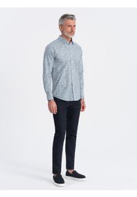 Ombre Clothing - Koszula męska SLIM FIT w print drobnych liści - jasnoniebieska V1. Okazja: na co dzień. Kolor: niebieski. Materiał: tkanina, skóra, bawełna. Wzór: nadruk. Styl: casual #4