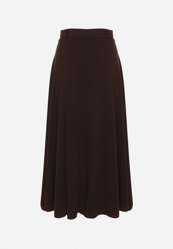 Born2be - Brązowa Rozkloszowana Spódnica z Wysokim Stanem Ozdobiona Paskiem z Klamrą Lobira. Okazja: na co dzień. Stan: podwyższony. Kolor: brązowy. Materiał: jedwab. Wzór: aplikacja. Styl: elegancki, casual