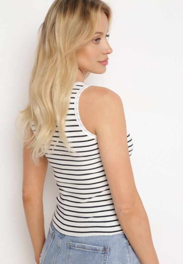 Born2be - Biało-Granatowy Klasyczny Elastyczny Top z Bawełny w Paski Oglea. Okazja: na co dzień. Kolor: biały. Materiał: bawełna. Wzór: paski. Styl: klasyczny