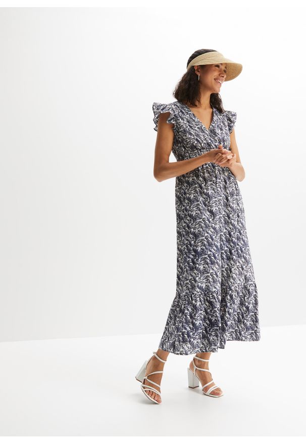 bonprix - Sukienka midi z rękawami motylkowymi. Kolor: niebieski. Styl: elegancki. Długość: midi