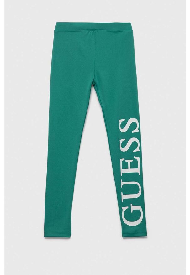 Guess legginsy dziecięce kolor zielony z nadrukiem. Kolor: zielony. Wzór: nadruk