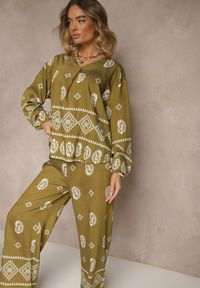 Renee - Ciemnozielony Komplet w Stylu Etno Spodnie z Gumką w Pasie i Bluzka Oversize Eviralyn. Kolor: zielony #5