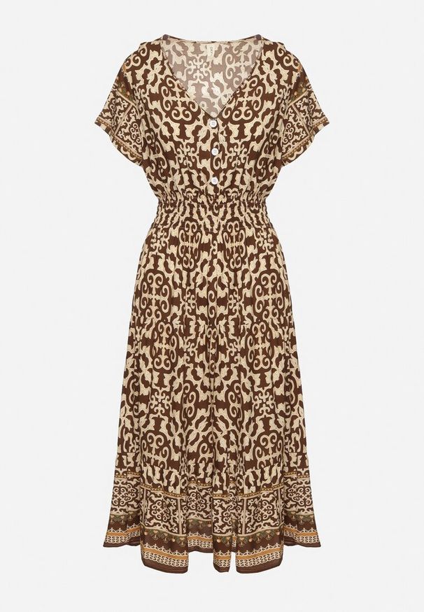 Born2be - Brązowa Bawełniana Sukienka z Guzikami i Ornamentnym Wzorem Zisselle. Kolor: brązowy. Materiał: bawełna