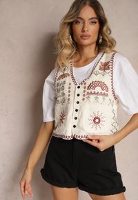 Renee - Jasnobeżowa Kamizelka z Bawełny Ozdobiona Haftem Zapinana na Guziki Eleasea. Okazja: na co dzień. Kolor: beżowy. Materiał: bawełna. Wzór: aplikacja, haft. Styl: elegancki, casual