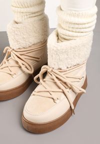 Born2be - Beżowe Śniegowce na Grubej Podeszwie ze Sznurowaniem i Futerkiem Izantea. Okazja: na co dzień. Kolor: beżowy. Materiał: futro. Sezon: zima. Styl: casual, elegancki #2
