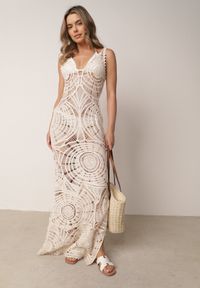 Born2be - Beżowa Sukienka Plażowa z Bawełny Ozdobiona Szydełkowym Wzorem Delomare. Okazja: na plażę. Kolor: beżowy. Materiał: bawełna. Wzór: aplikacja. Sezon: lato. Styl: elegancki, wakacyjny #7